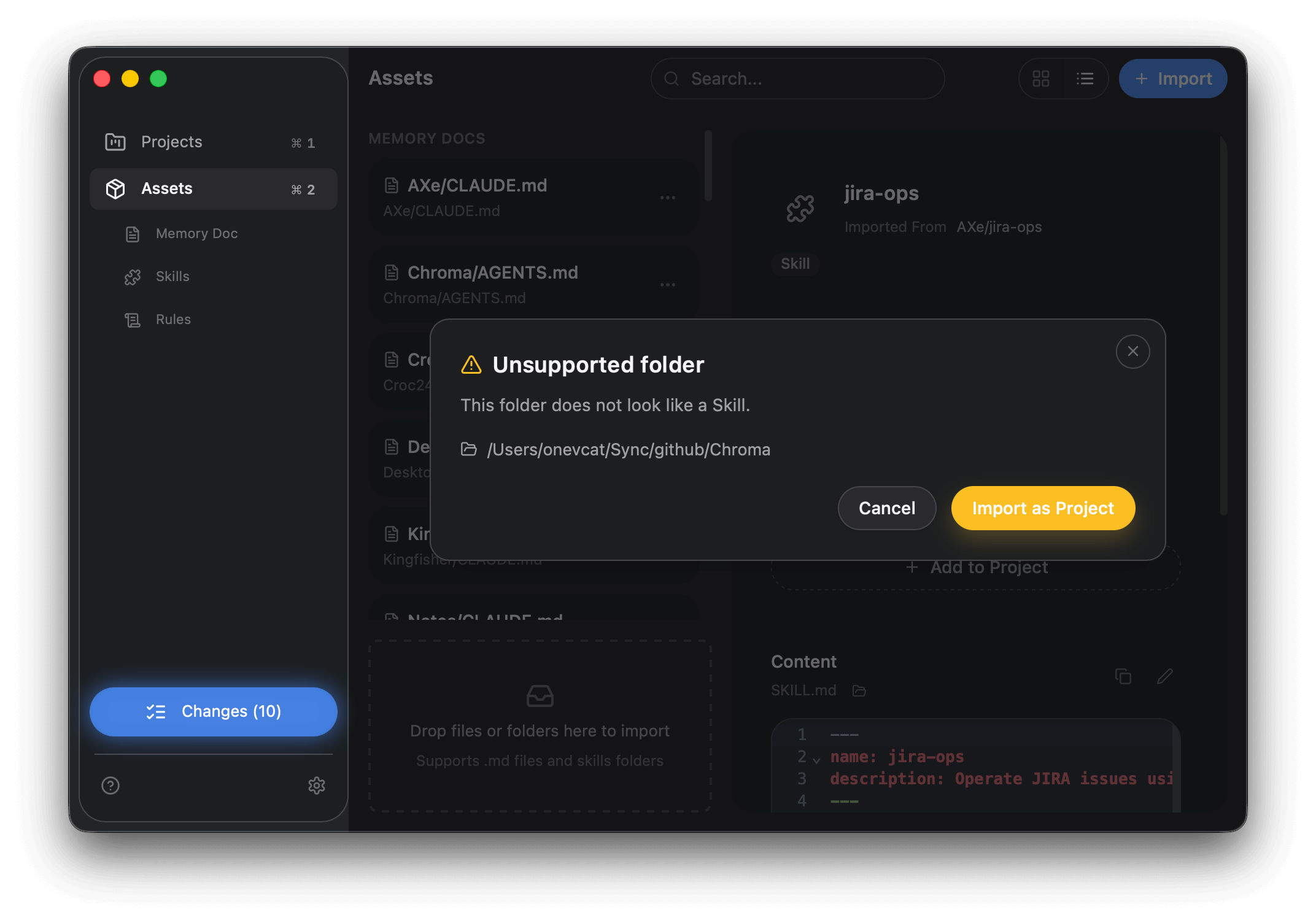 Import a folder as a project when it isn't a skill