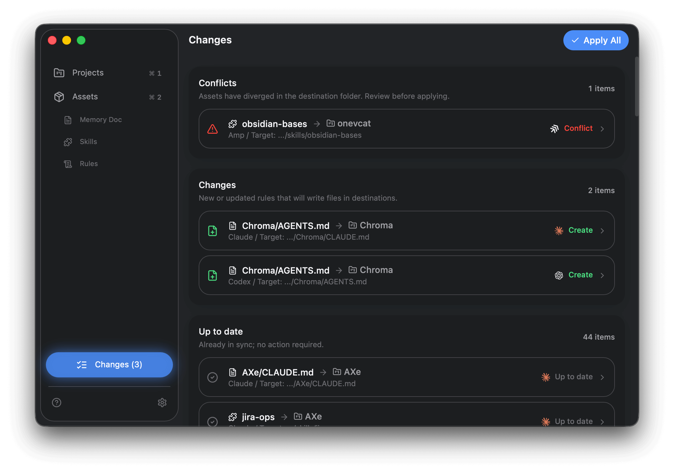Changes overview with three sections