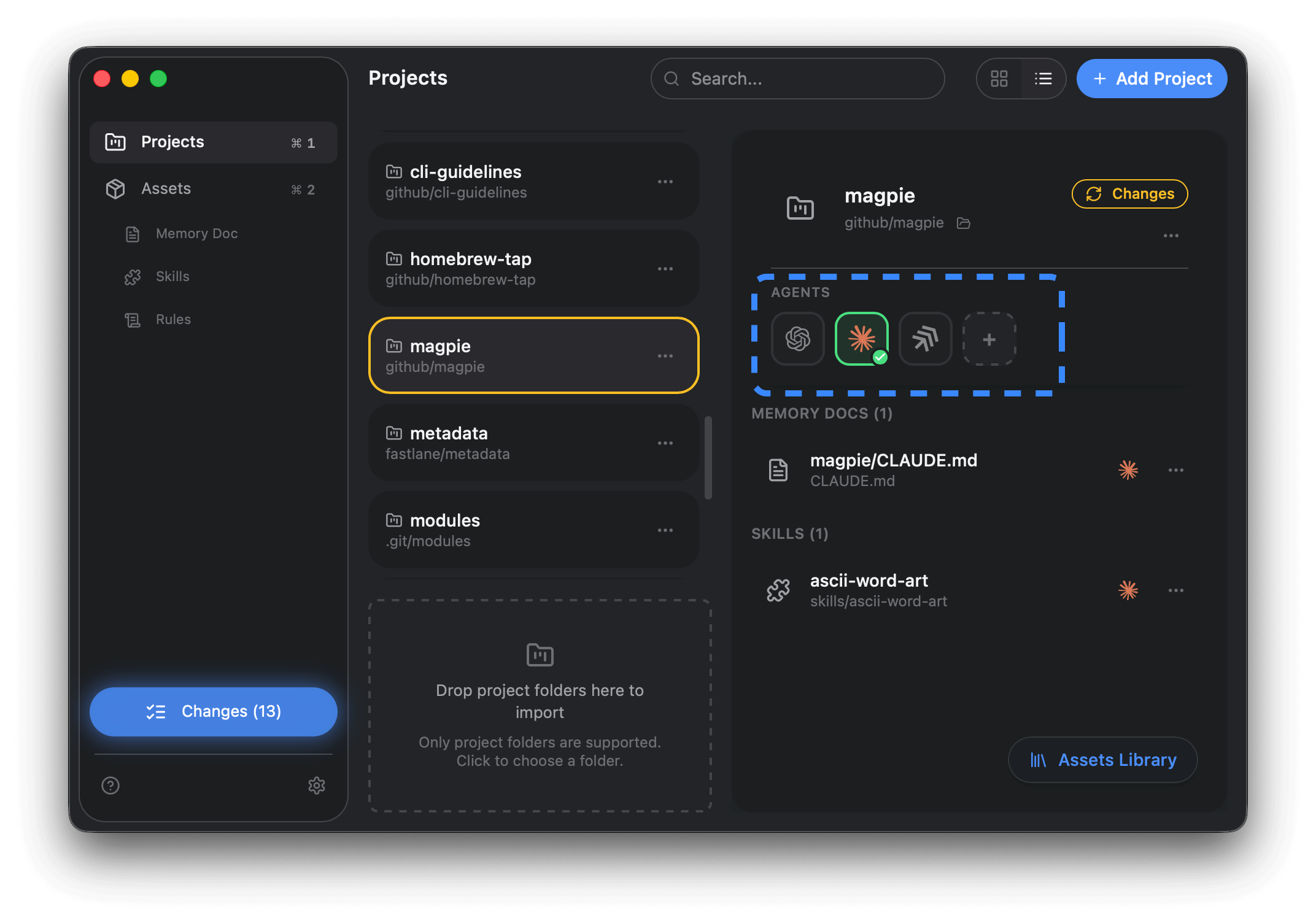 Enable or disable agents from the project agent row