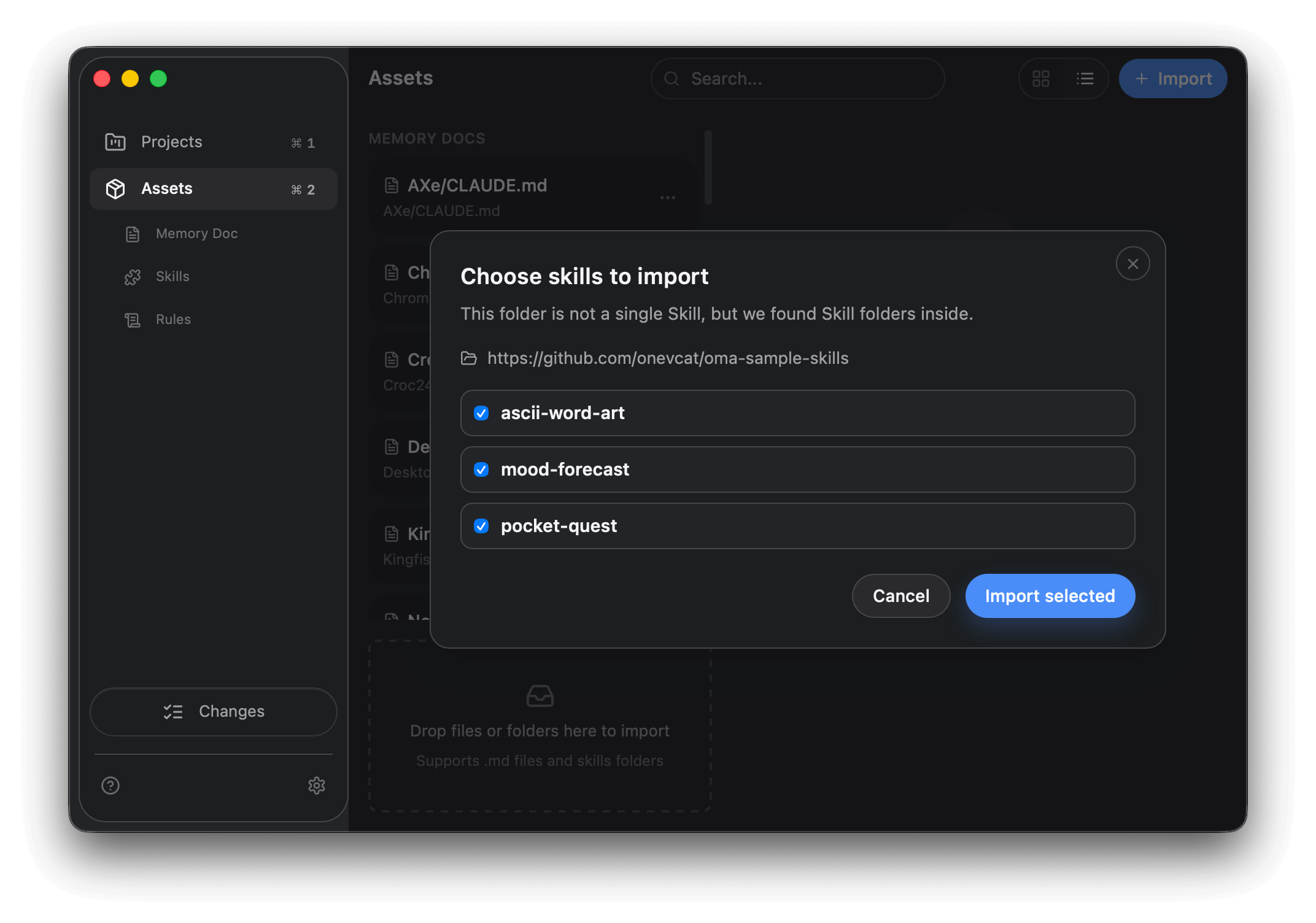 Choose skills to import