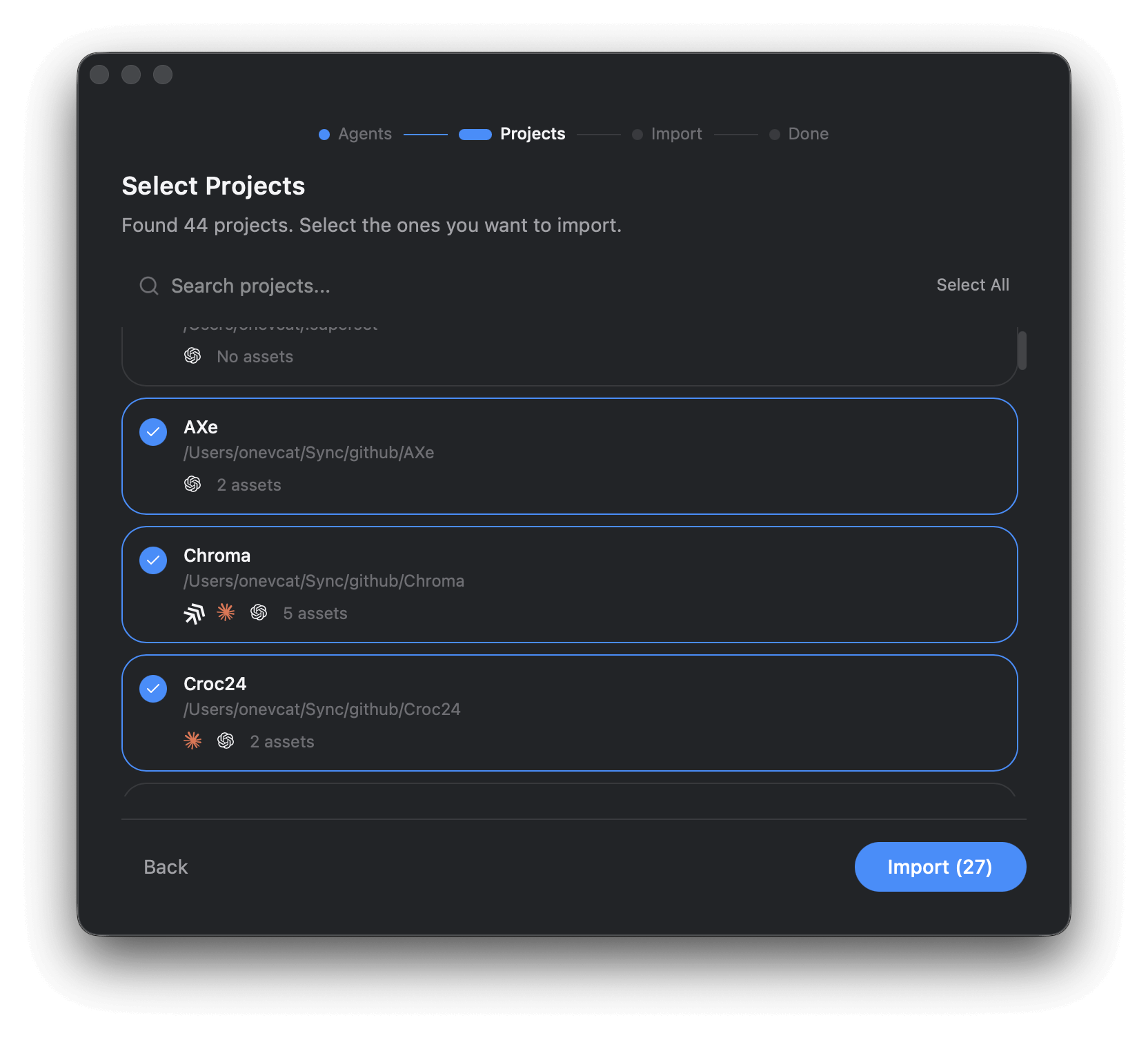 Select projects during onboarding