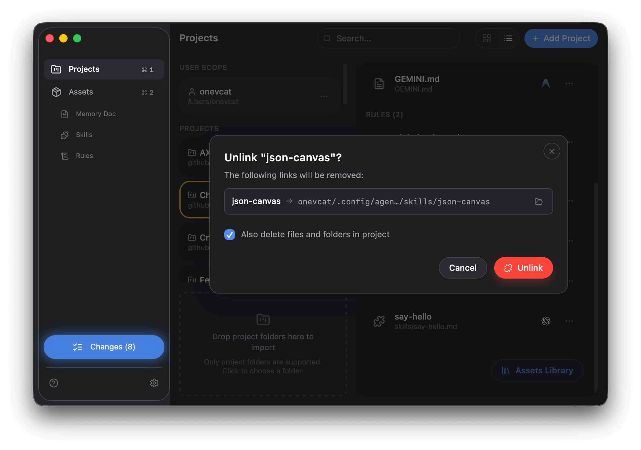 Unlink confirmation with delete option