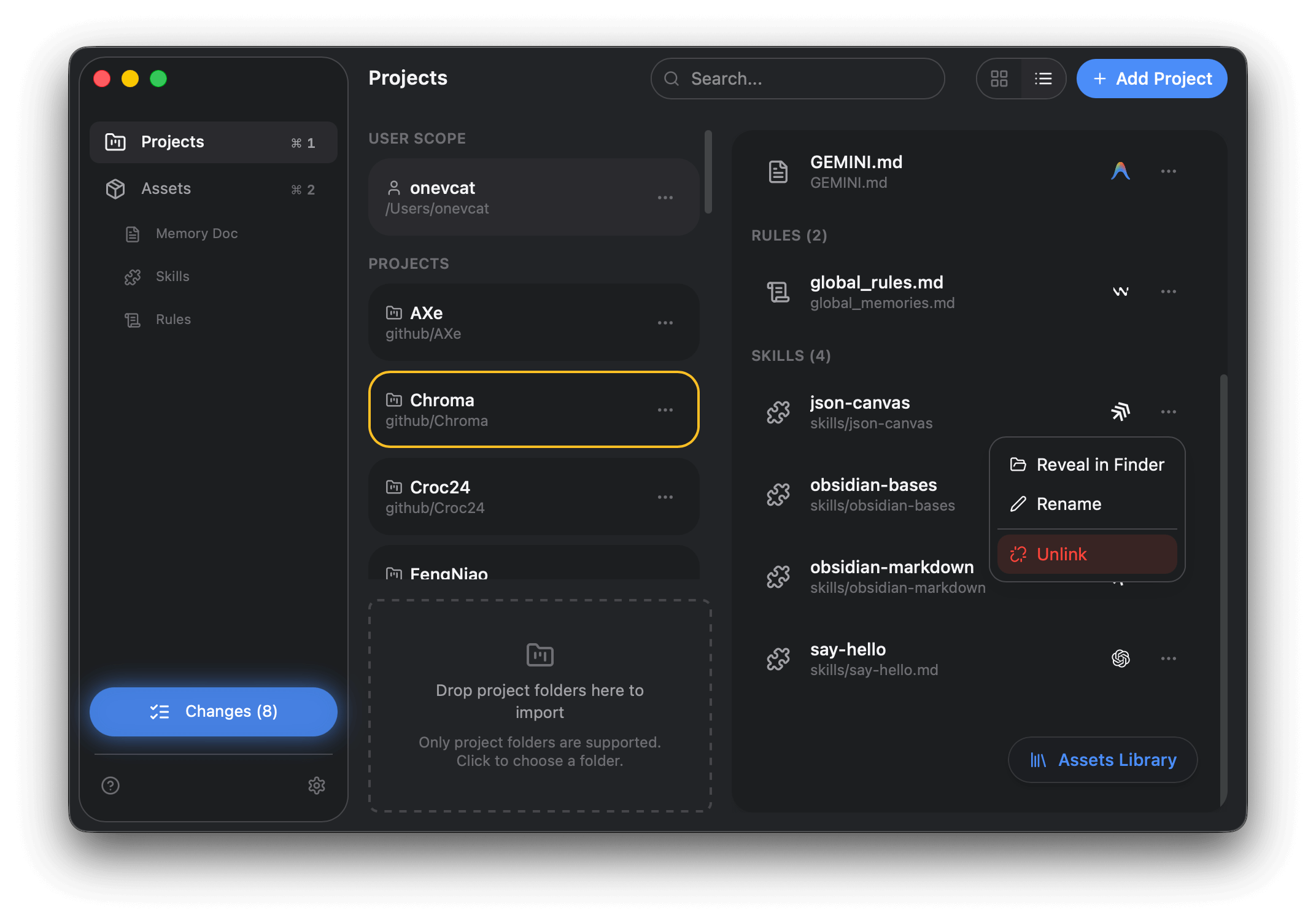 Unlink action in the asset card menu