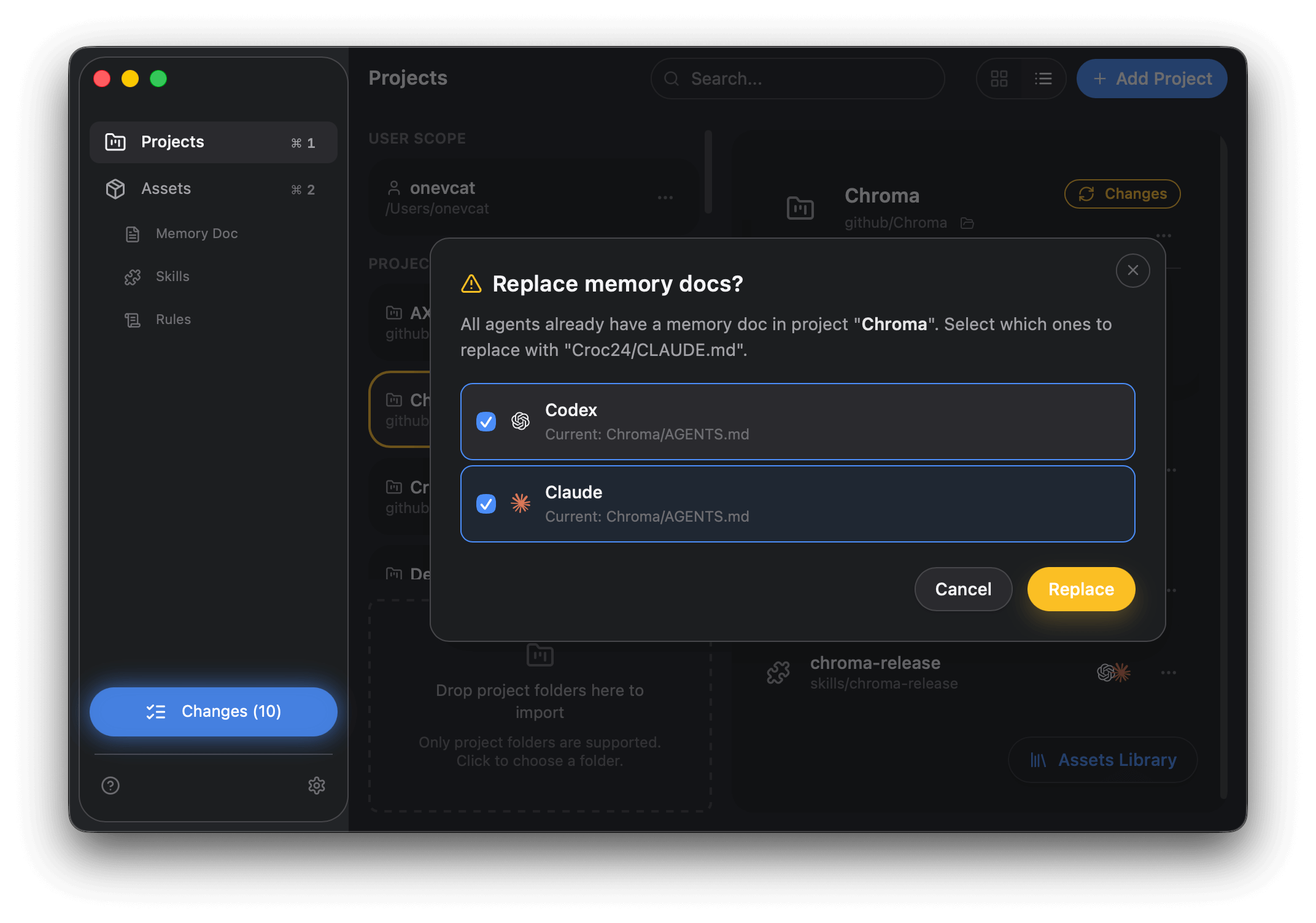 Assets Library selection in the project detail view